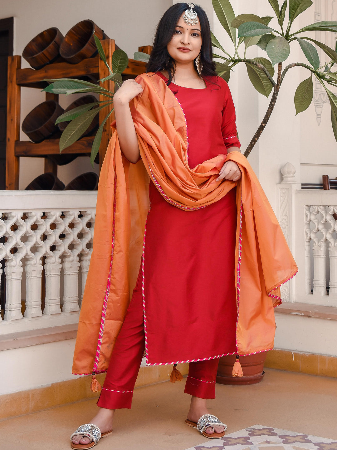 Rose Red Suit With Contrast Dupatta ...